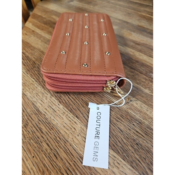 NWT Gold Stud Tan Leather Dbl Zip Around Wallet 10 Card Holder 8x5 Couture Gems - Picture 2 of 6